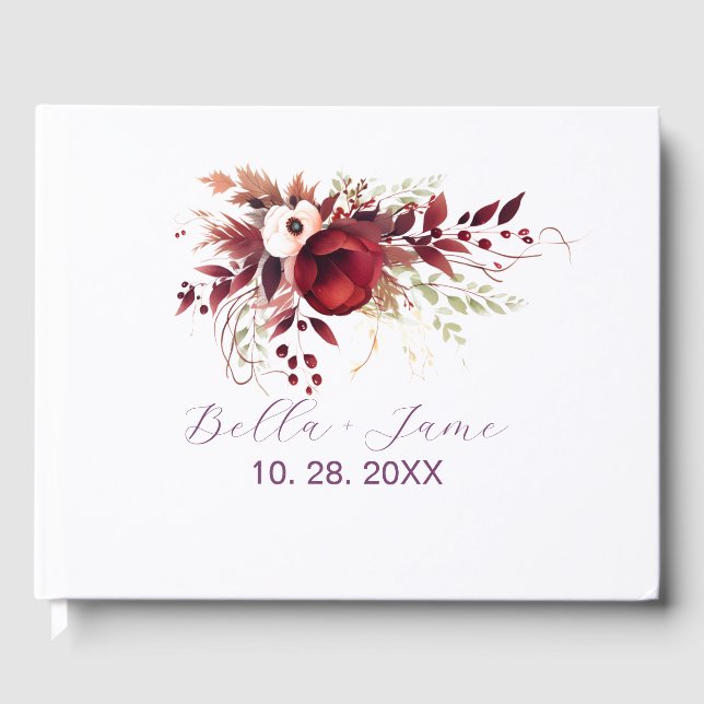 Burgundy Red Floral Wedding Guest Book Gästebuch (Vorderseite)