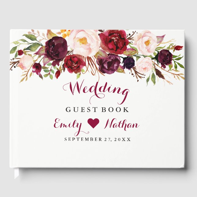 Burgundy Red Floral Wedding Guest Book Gästebuch (Vorderseite)