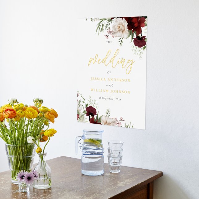 Burgundy Red Floral Wedding Large Welcome Sign Foliendrucke (Ablage(Küche))