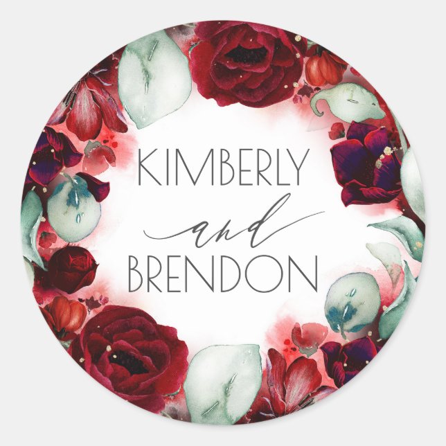 Burgundy Red Floral Wreath Boho Chic Runder Aufkleber (Vorderseite)