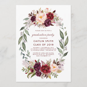 Burgundy Red Floral Wreath Graduation Party Einladung