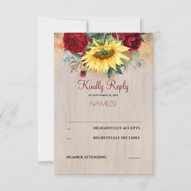 Burgundy Red Florals und Sunflowers Wedding RSVP (Vorderseite)