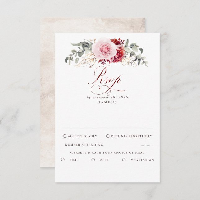 Burgundy Red Foliage Boho Wedding RSVP (Vorne/Hinten)