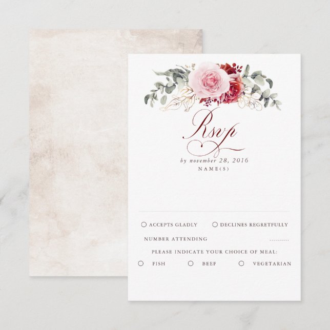 Burgundy Red Foliage Boho Wedding RSVP Karte (Vorne/Hinten)