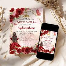 Burgundy Red Glam Gold Floral Prinzessin Quinceañe