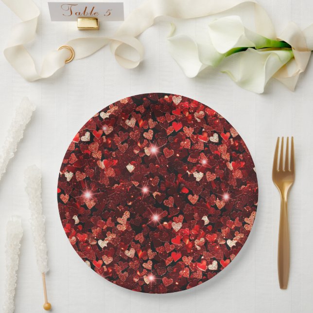 Burgundy Red Glitzer Hearts Hugs Pappteller (Hochzeit)