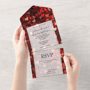 Burgundy Red Glitzer Hearts Wedding All In One Einladung