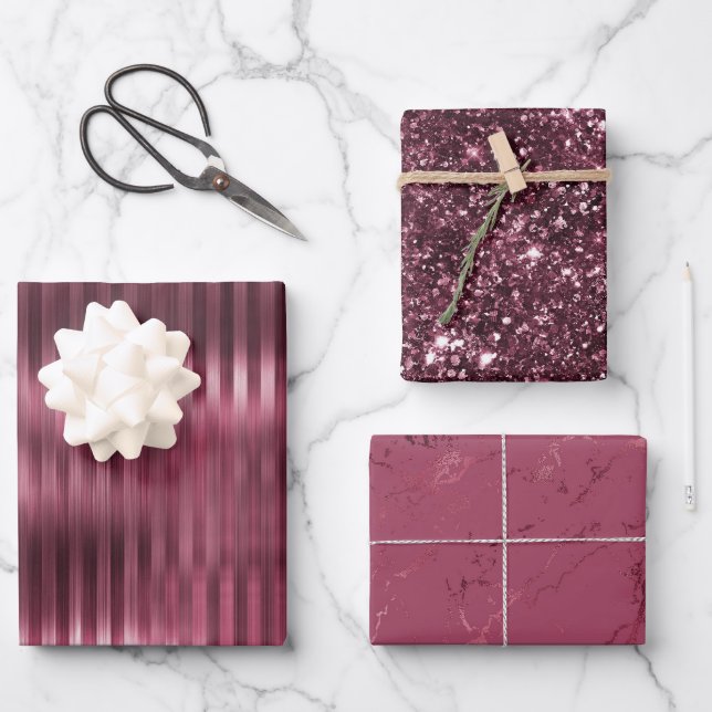 Burgundy Red Glitzy Glitzer Geschenkpapier Set (Vorderseite)