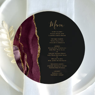 Burgundy Red Gold Agate Round Plate Menu Mariage