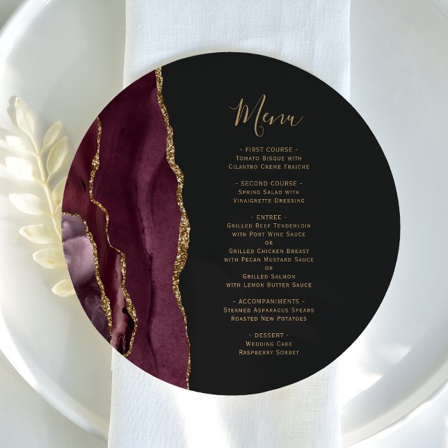 Burgundy Red Gold Agate Round Plate Menu Mariage (Créateur téléchargé)
