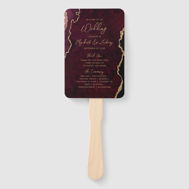Burgundy Red Gold Agate Script Wedding Programm Fächer (Vorderseite)