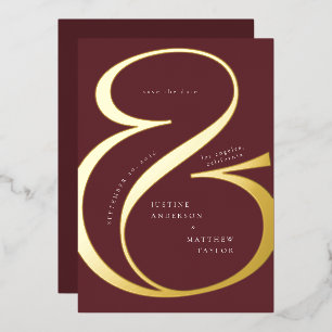 Burgundy Red Gold Amperand Typografy Rett Date Folieneinladung