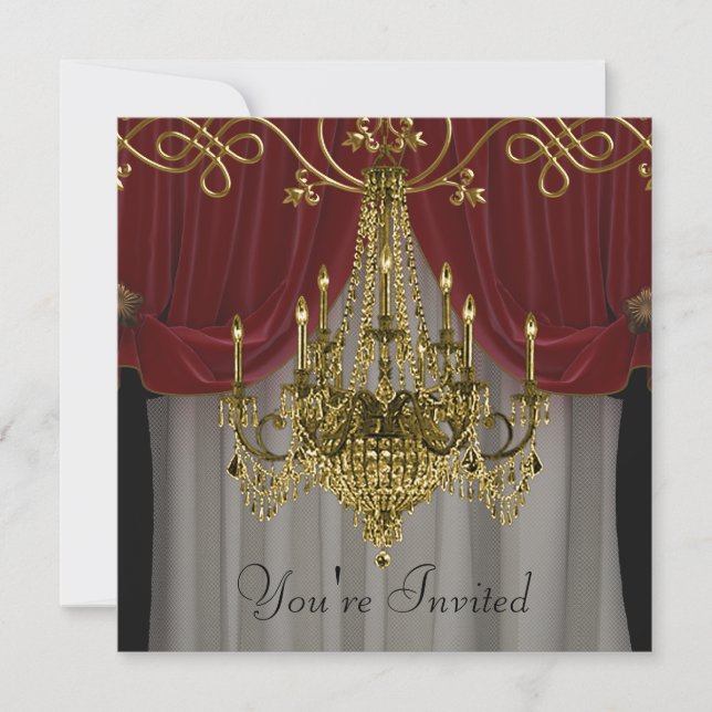 Burgundy Red Gold Chandelier Party Einladungen (Vorderseite)