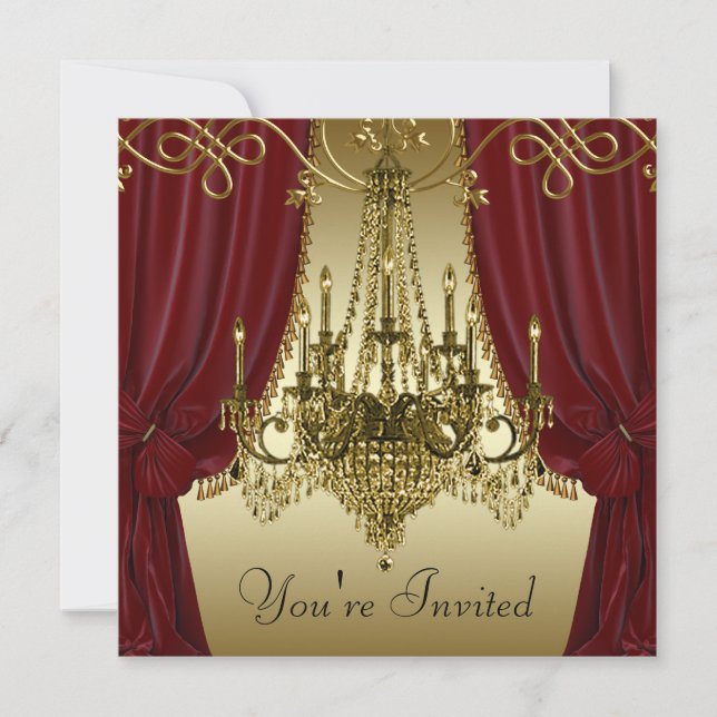 Burgundy Red Gold Chandelier Party Einladungen (Vorderseite)