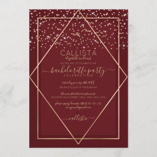 Burgundy Red Gold Confetti Border Bachelorette Einladung