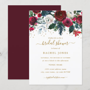 Burgundy Red Gold Floral Christmas Brautparty Einladung