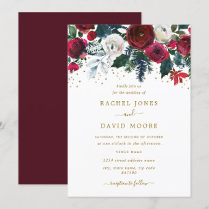 Burgundy Red Gold Floral Christmas Einladung
