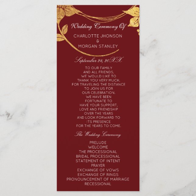 Burgundy Red Gold Floral Event Wedding Programme (Devant)