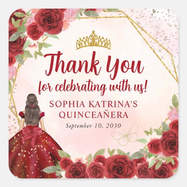 Burgundy Red Gold Floral Princess Crown Vielen Dan Quadratischer Aufkleber (Vorderseite)