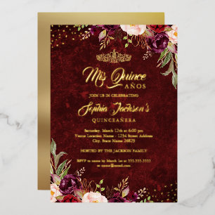Burgundy Red Gold Floral Quinceanera Folieneinladung