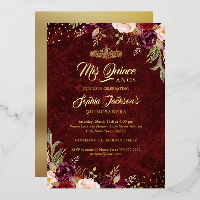 Burgundy Red Gold Floral Quinceanera Folieneinladung (Vorderseite/Rückseite)