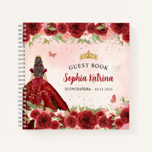 Burgundy Red Gold Floral Quinceñera Gästebuch Notizbuch