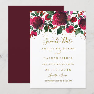 Burgundy Red Gold Floral Save the Date Einladung