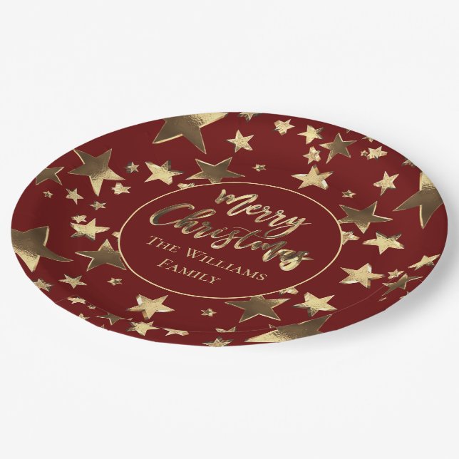 Burgundy Red Gold Frohe Weihnachtsstars Elegant Pappteller (Schrägansicht)
