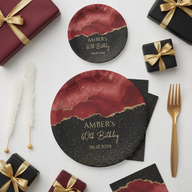 Burgundy Red Gold Glitter Abstract Watercolor Pappteller (Von Creator hochgeladen)