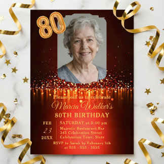 Burgundy Red & Gold Glitter Photo 80th Birthday Einladung