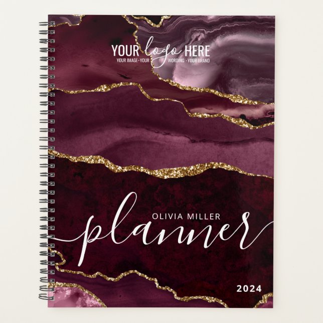 Burgundy Red Gold Glitzer Agate Business Logo Planer (Vorderseite)