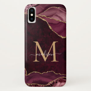 Burgundy Red Gold Glitzer Agate Gemstone Monogram Case-Mate iPhone Hülle