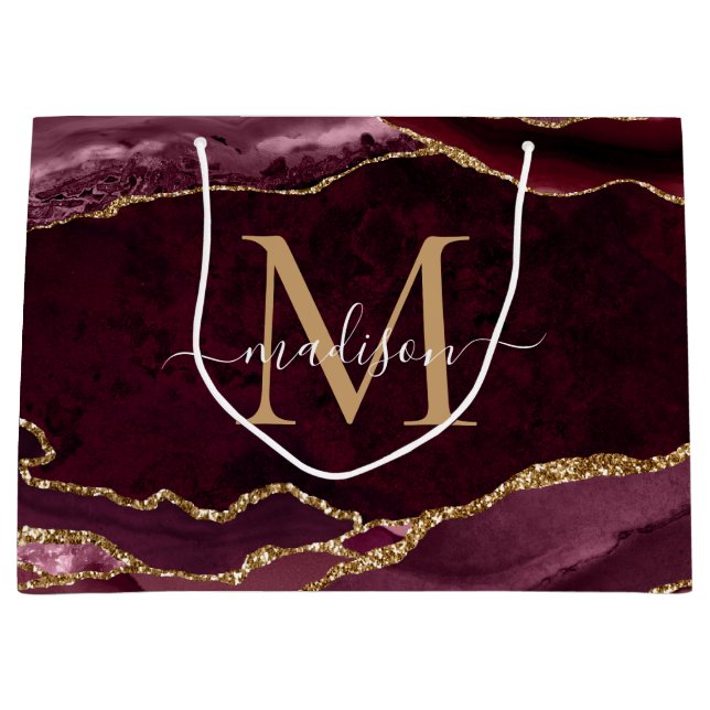 Burgundy Red Gold Glitzer Agate Geode Monogram Große Geschenktüte (Vorderseite)