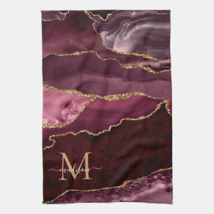 Burgundy Red Gold Glitzer Geode Marble Monogram Geschirrtuch