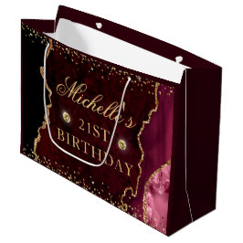 Burgundy Red & Gold Glitzer Marble Agate Birthday Große Geschenktüte