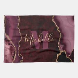 Burgundy Red & Gold Glitzer Marble Agate Monogram Geschirrtuch