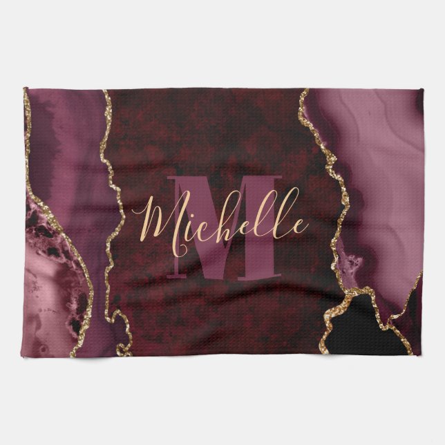 Burgundy Red & Gold Glitzer Marble Agate Monogram Geschirrtuch (Horizontal)