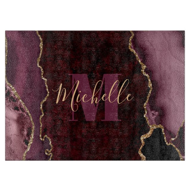 Burgundy Red & Gold Glitzer Marble Agate Monogram Schneidebrett (Vorderseite)