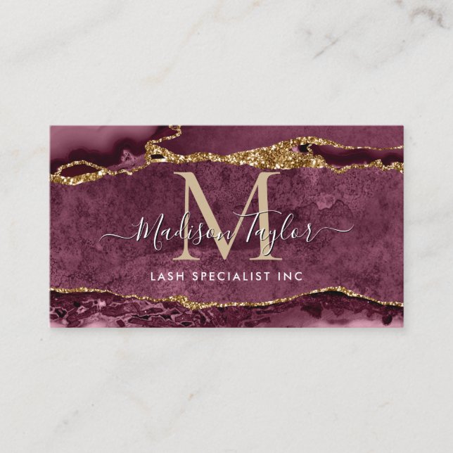 Burgundy Red Gold Glitzer Marble Agate Monogram Visitenkarte (Vorderseite)
