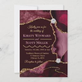 Burgundy Red & Gold Glitzer Marble Agate Wedding Einladung