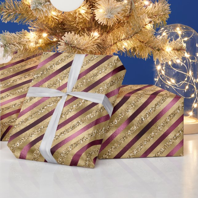 Burgundy Red Gold Glitzer Streifen Geschenkpapier (Feiertage)