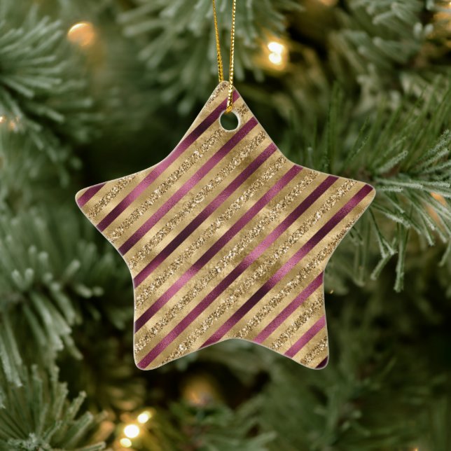Burgundy Red Gold Glitzer Streifen Keramik Ornament (Baum)