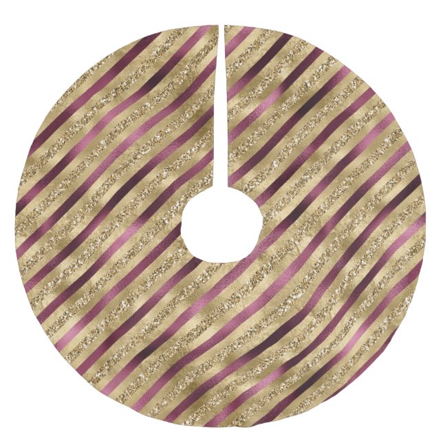 Burgundy Red Gold Glitzer Streifen Polyester Weihnachtsbaumdecke (Vorderseite)