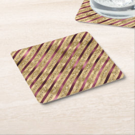 Burgundy Red Gold Glitzer Streifen Rechteckiger Pappuntersetzer