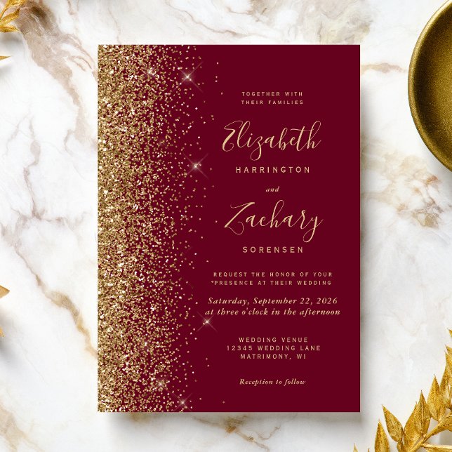 Burgundy Red Gold Glitzer Wedding Einladung (A perfect choice for a burgundy and gold themed wedding.)
