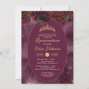 Burgundy Red Gold Luxury Elegante Quinceanera Einladung