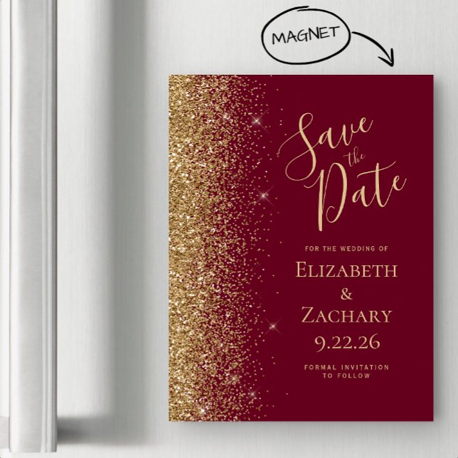 Burgundy Red Gold Save the Date Magnetkarte (Von Creator hochgeladen)