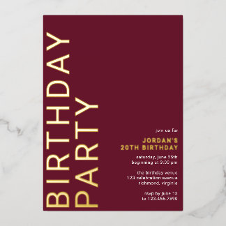 Burgundy Red & Gold | Sleek Modern Maroon Birthday Folieneinladung