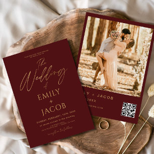 Burgundy Red Gold Wedding QR Code Foto Einladung