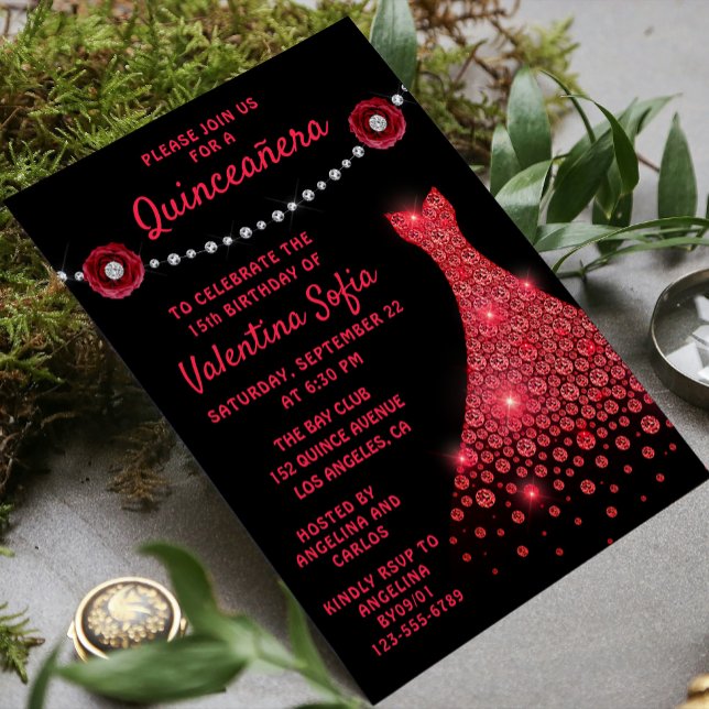 Burgundy Red Gown Diamond Rose Moderne Quinceañera Einladung (Von Creator hochgeladen)